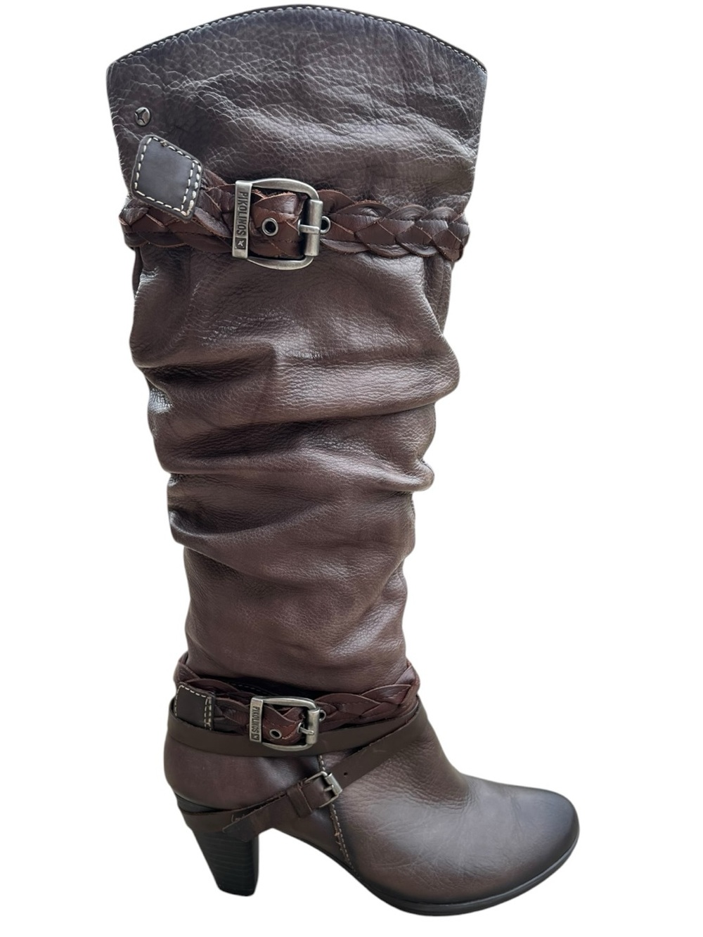 PIKOLINOS Leather Brown Slouchy Knee Boot with Braided Strap Like New! 38